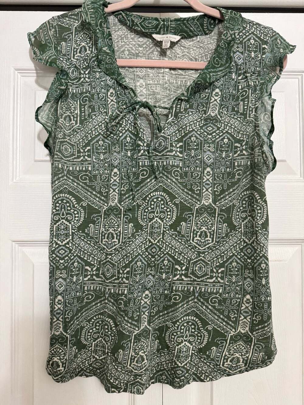 Lucky Brand Women's Green Printed Ruffle Sleeve Tie-Neck Blouse Size M